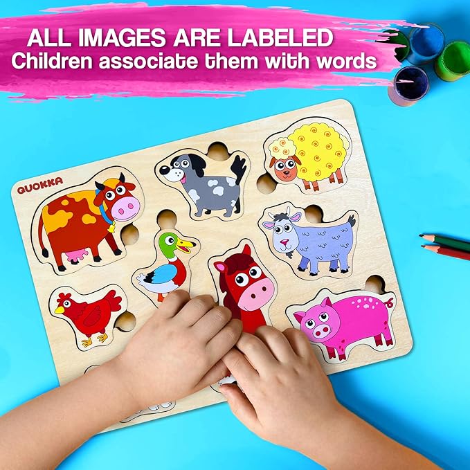 QUOKKA Farm Animals Wooden Puzzles for Toddlers 3-5 - Toddler Puzzles 1-3 Years Old - Gift Domestic Animals Educational Toys for Boys & Girls - Wood Games for Children's Learning 2-4