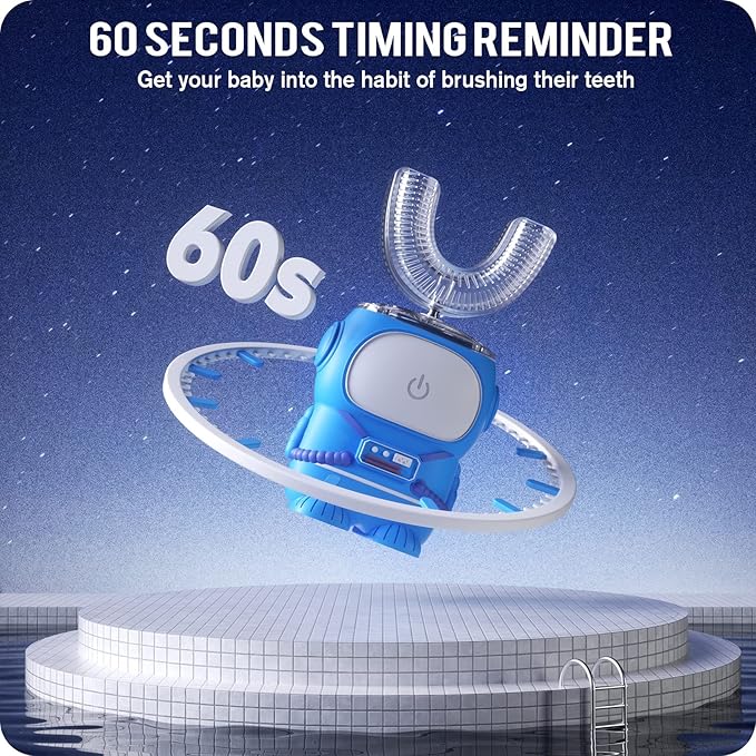 RexCodar Ultrasonic Kid's U-Shaped Electric Toothbrush, IPX7 Waterproof, Five Cleaning Modes, 60S Smart Reminder (Blue Ages 6-12)