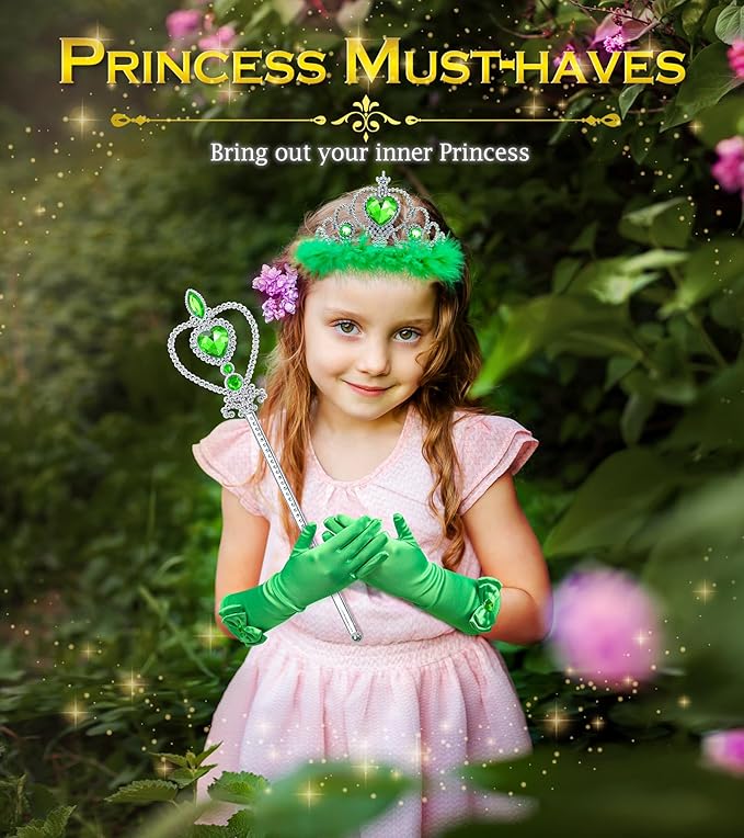 Princess Dress Up Accessories Princess Gloves, 7pcs Dress Up Set for Toddler Girls (Green, 7PCS)