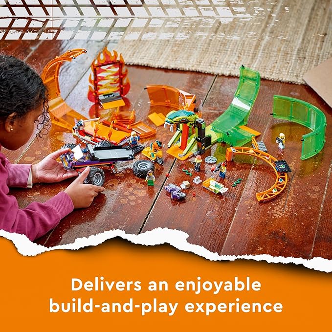 LEGO City Stuntz Double Loop Stunt Arena 60339, Monster Truck Playset with 2 Toy Motorcycles, Ramp, Wall of Flames, Ring of Fire, Snapping Snake Loop and 7 Minifigures, for Kids Ages 7 Plus