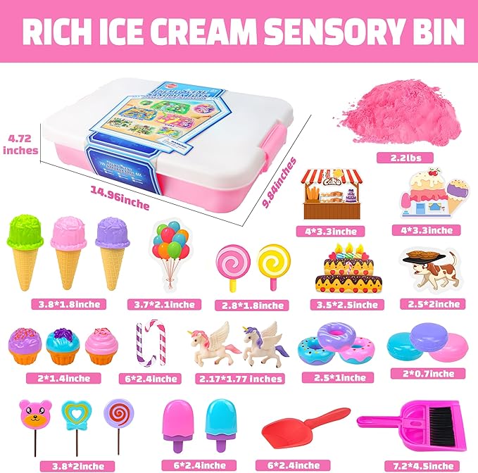 Play Sand Kit - Ice Cream Sensory Bin Toy for Kids with 2.2lb Magic Sands, Ice Cream Molds and Cleaning Tools, Unicorn Tactile Toys for Kids 3-8