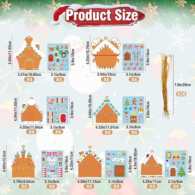 GuassLee Christmas Ornaments Art and Crafts for Kids - 28pcs DIY Christmas Gingerbread House Cutouts with Christmas Lollipop Candy Cane Stickers for Xmas Tree Home Party Favors Classroom Art Activity