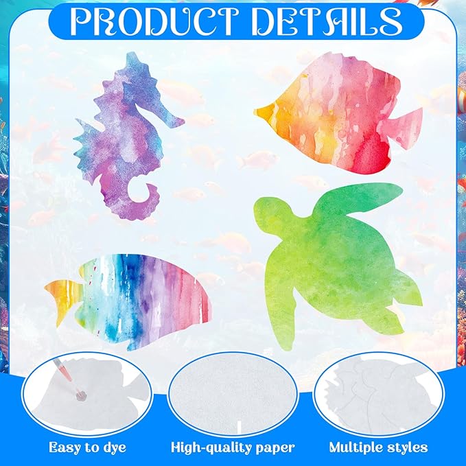 Motipuns 96 Pcs Color Diffusing Paper Sealife 6 Inches Watercolor Sealife Shapes Color Diffusing Paper DIY Sea Turtle Seahorse Fish Coloring Paper Crafts, 4 Styles