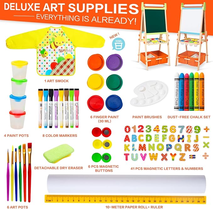 Kids Easel Including 100+ Accessories, Rundad Double Sided Wooden Easel for Kids Age 3-8 with Magnetic Chalkboard & Painting Board, Free Height Adjustable Art Easel Supplies for Toddlers