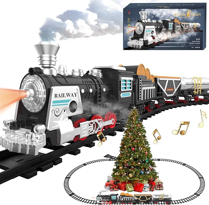 Electric Train Set Christmas Train Toys w/Smokes,Lights& Sound (ON/Off) Kids Rechargeable Train Set w/Steam Locomotive, Cargo Cars & Tracks Christmas Birthday Gift for Boys Girls 3 4 5 6 7
