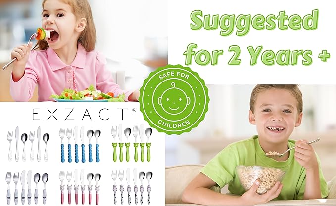 Exzact Children's Flatware Kids Silverware 6pcs, Toddler Utensils, Dishwasher Safe, 24 Months+