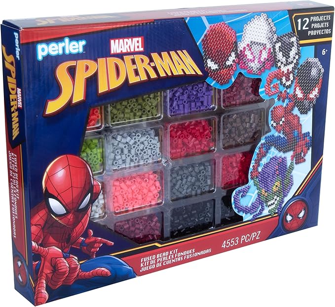 Perler Marvel's Spider-Man Deluxe Box Fused Bead Kit, 12 Unique Patterns with Pegboard, Multicolor 4453 Pieces