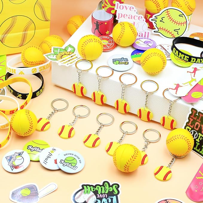 122Pcs Softball Party Favors Softball Goodie Bags Stuffers with Stress Ball Keychain Sticker Badges Silicone Bracelet for Softball Birthday Party Decorations