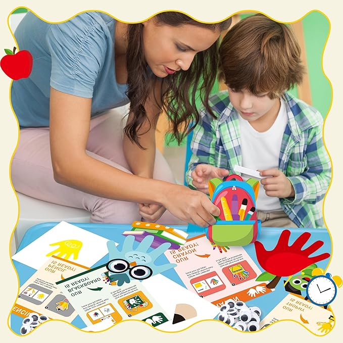 WATINC Back to School Handprint Art Craft - 12Pcs First Day of School Themed Easy DIY Kit, Pencil Bus Schoolbag Arts Supplies Preschool Classroom Hand Print Activity Party Favors for Kids Toddlers