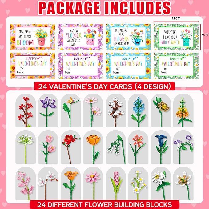 Valentines Day Gifts for Kids Teens, 24 Pack Flower Bouquet Building Blocks with Gift Cards for School Classroom, Bulk Boy Girl Class Valentine Party Favors Exchange Gifts Goodie Bags Stuffers