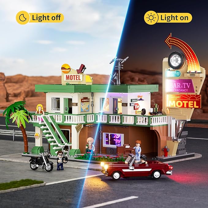 FUNWHOLE City Car-Hotel Lighting Building-Bricks Set - Road Trip Modular Twilight Motel Collection LED Light Car and Motorcycle Building Set 1970 Pcs for Adults and Teen