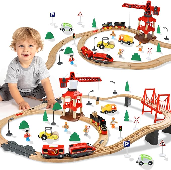 TOY Life Train Set 80pcs Train Toys with Crane & Locomotive Train, Train Set for Kids 4-8, Wooden Train Tracks Toy Train Set for Toddlers 3 4 5, Kids Train Set Gift Toy Fits Thomas, Brio Tracks
