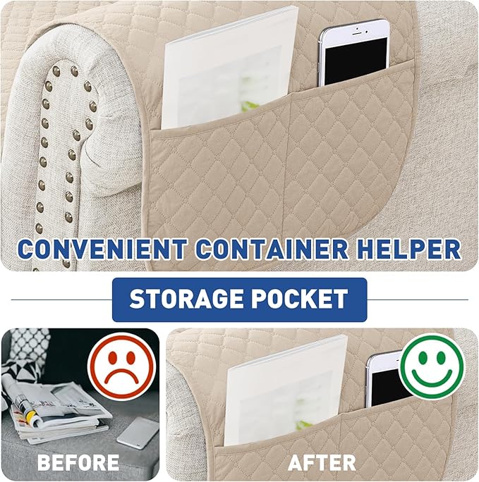 XINEAGE Quilted Sofa Cover Waterproof Couch Covers for 3 Cushion Couch, Super Soft Washable Slipcover with Pockets & Non-Slip Elastic Straps, Thick Furniture Protector (Sofa, Beige)