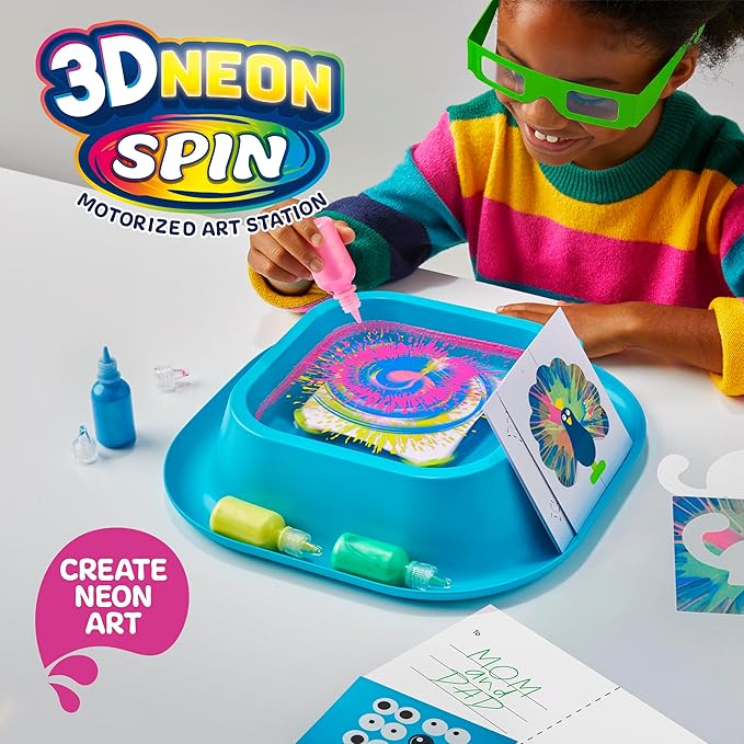 Discovery™ 3D Neon Spin Motorized Art Station – Includes Spin Art Machine, 3D Glasses, Neon Paints, Templates, Paper| Arts and Crafts for Kids| Art Supplies Painting Set Activity Kit for Boys & Girls