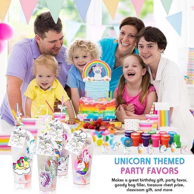 Qilery 195 Pcs Mermaid Party Unicorn Party Dinosaur Party Shark Party Favors Includes Plastic Cup with Lid Straw Keychain Bracelet Ring Stamper Stickers Tag For Party Favors Piñata Filling (Unicorn)
