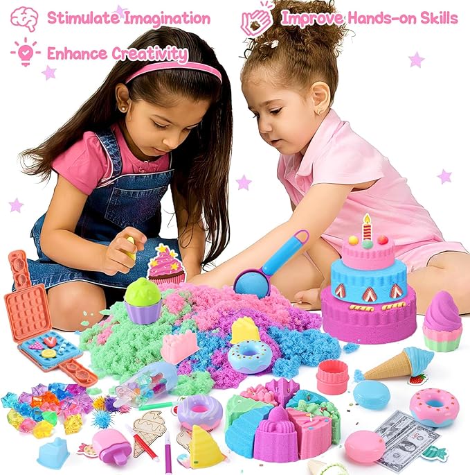 G.C Ice Cream Sensory Bin for Girl Kid Toy, 108pcs Play Sand Art Kit with Sandbox/2lb Color Sand/Cake Molds/Plastic Dessert, Sensory Toy Christmas Birthday Gift for Girl Toddler Ages 3 4 5 6 7 8