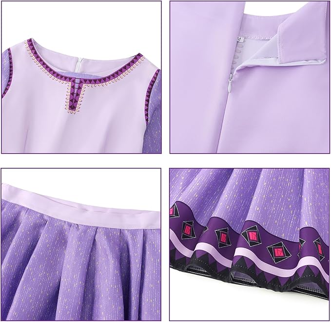 Wish Princess Asha Costume Girls Kids Movie Cosplay Outfit Purple Dress with Accessories Christmas Birthday Party