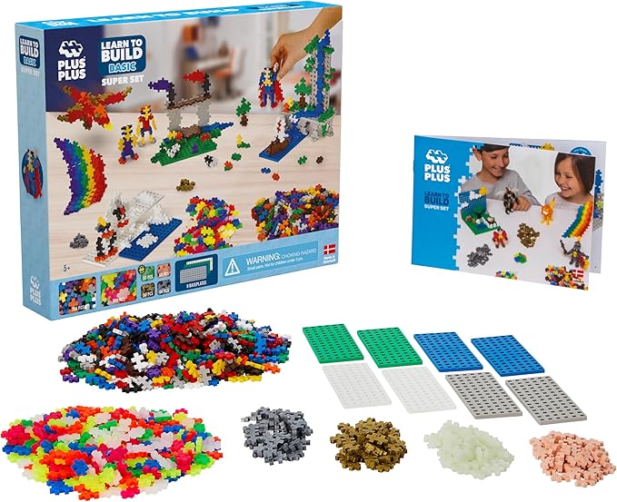 PLUS PLUS - Learn to Build Super Set - Basic Mix, 1,200 Pieces w/ 4 Baseplates - Construction Building Stem / Steam Toy, Interlocking Mini Puzzle Blocks for Kids
