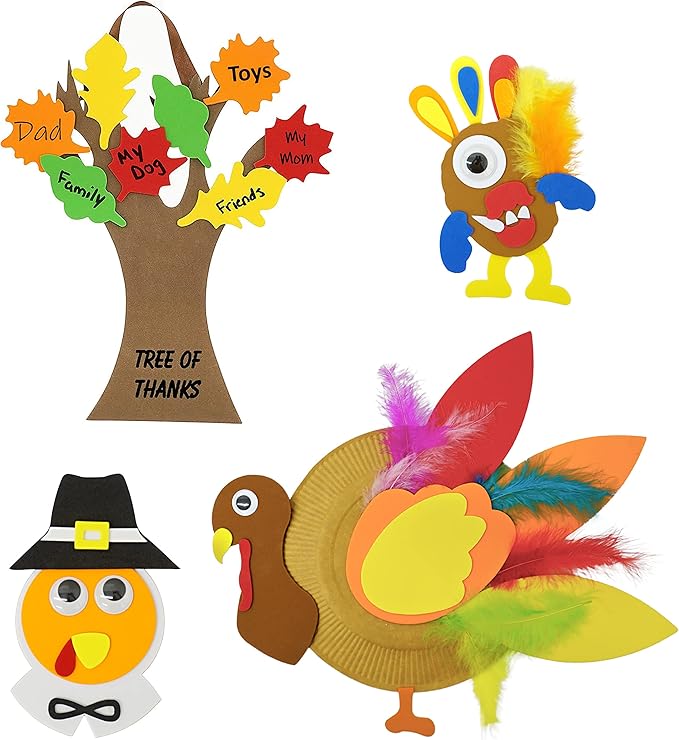 4E's Novelty Thanksgiving Craft for Kids (Makes 4) Includes - Thankful Tree, Turkey Plate Craft, Pilgrim Magnet, Turkey Monster - Foam Craft Dinner Activity for Toddlers, Kids, Adults