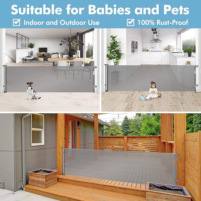 75 Inch Retractable Baby Gates for Wide Openings Retractable Dog Gate Indoor Extra Long Baby Gate Outdoor Extra Large Dog Gate Extra Wide Baby Gate for Stairs Dog Gates for Doorways, Porches, Gray