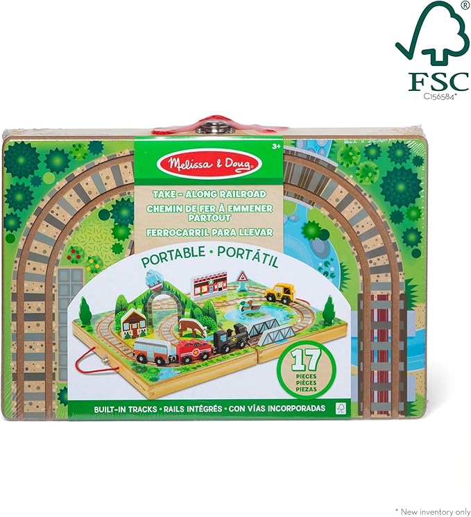 Melissa & Doug 17-Piece Wooden Take-Along Tabletop Railroad, 3 Trains, Truck, Play Pieces, Bridge - FSC Certified