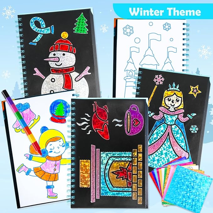 Foil Art Craft Activity for Kids: Fun DIY Toy Sticker Kit, No Mess Creative Travel Supply Set, Idea Birthday Easter Basket Stuffers Valentines Gift for Girl Boy Toddler 4 5 6 7 8 9 Year Old (Winter)