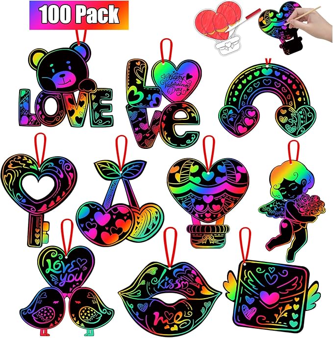 PARTYWIND 100 Pack Valentine's Day Scratch Paper Art for Kids, Magic Valentines Crafts for Classroom Exchange Games Activity, Valentines Decorations Ornaments for Party Supplies