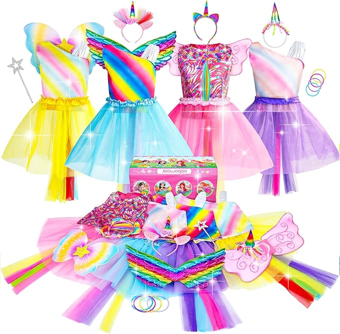 Jeowoqao Girls Princess Dress up Trunk Set 19 Pcs, Girls Rainbow Costume Set, Toddler Girls Dress up Clothes Pretend Play Costumes Set for Little Girl Ages 3 4 5 6