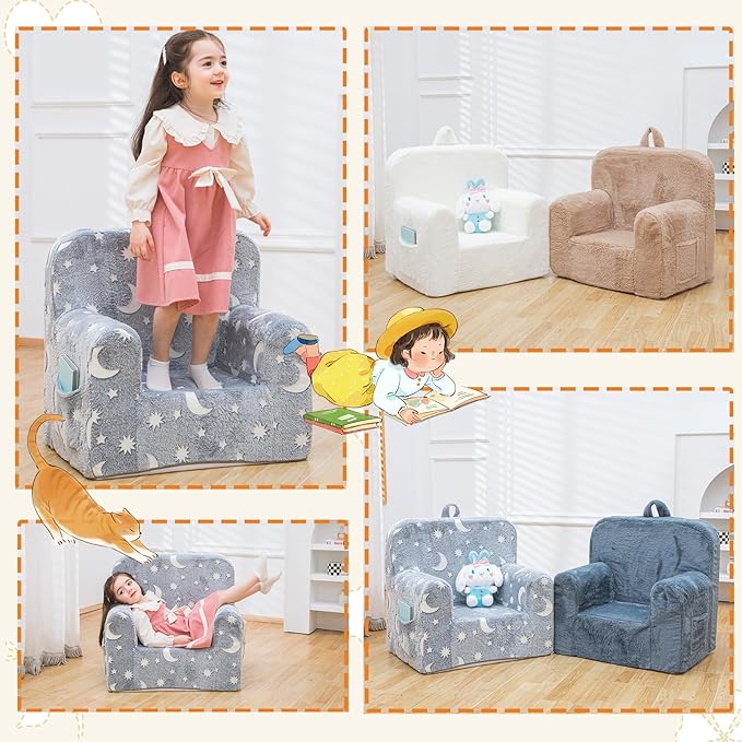 Snuggly-Soft Cuddly Toddler Plush Armchair for Boys and Girls Fuzzy Plush Kids Sofa Couch Reading Chair with Children Friendly Handle for Easy Movement & Double Pockets for Storage, Glowing Grey