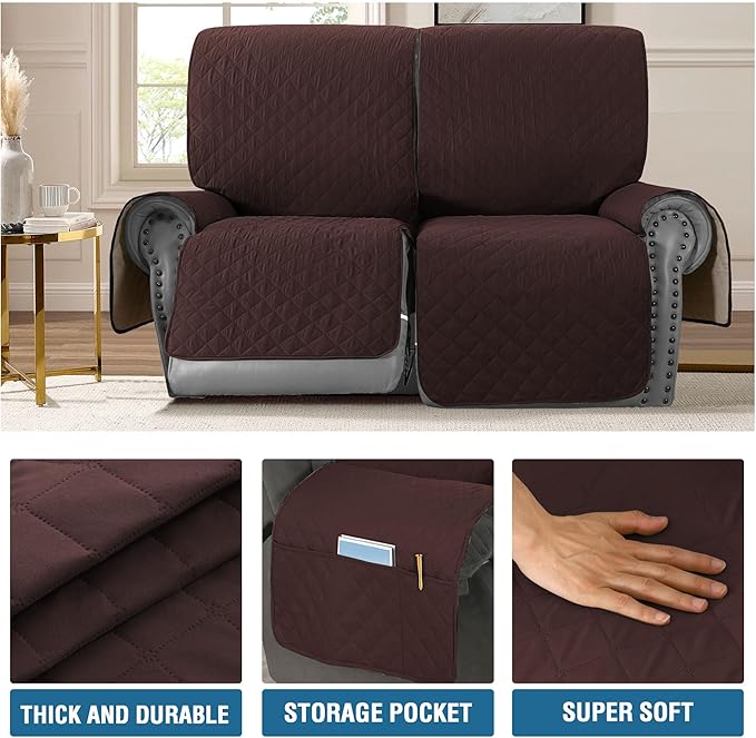 H.VERSAILTEX 100% Waterproof Recliner Loveseat Slipcover 2 Pieces Sofa Covers for 2 Seat Reclining Couch Soft Thick Furniture Protector with Pockets Washable(Recliner Loveseat, Chocolate)