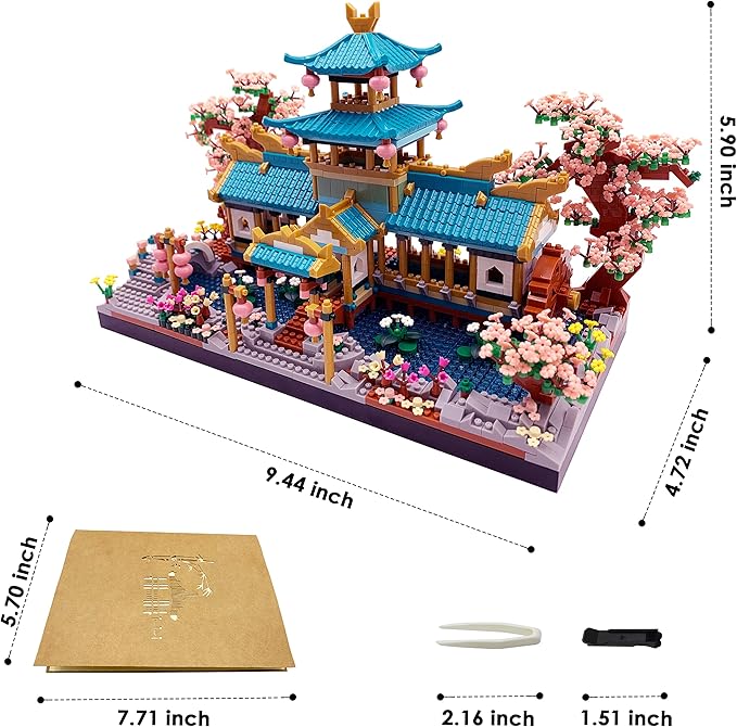Micro Building Blocks Set，Chinese Suzhou Garden Architecture and Cherry Blossom Bonsai Tree Building Toys for Adults，Japanese Sakura House Model，Creative Mini Bricks Gift for Kids 14+，2350 pcs