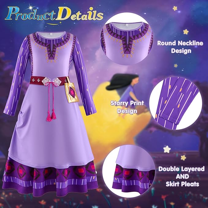 Vermeyen Wish Asha Costume Dress for Girl,Princess Costume Kids Dress Halloween Christmas Costume Cosplay Party Outfit