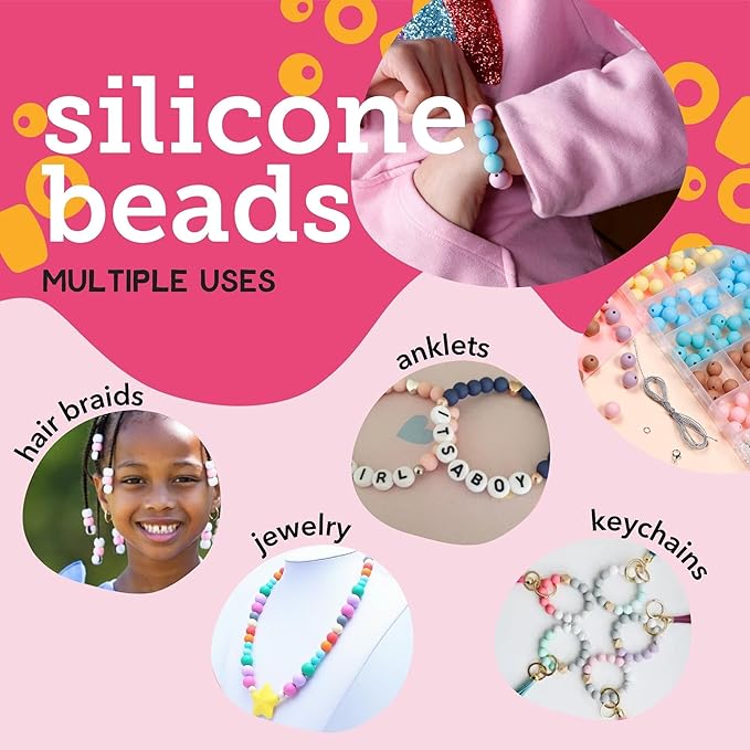 Incraftables Silicone Beads for Keychain Making – 120pcs Kit (6 Colors). Bulk Silicon Mix for Jewelry & DIY. 12mm Round Pieces with String, Silver Wire, Clasps & Organizer.