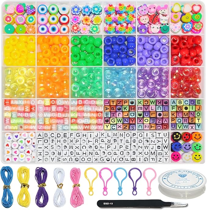 LIS HEGENSA Bracelet Making kit, Craft Bead Making Pony Beads, Polymer Clay Beads, Smiling face Beads, Letter Beads, Jewelry Making kit, DIY Handicraft Gifts for Girls Aged 6 to 12