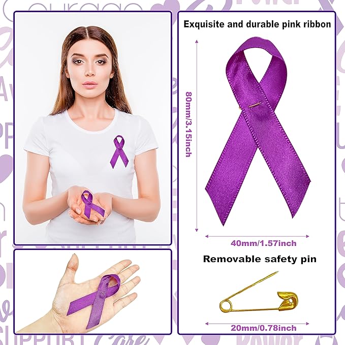 60 Pcs Purple Ribbon Awareness Accessories Stuff Include Purple Ribbon Silicone Bracelet Rubber Wristband and Lapel Buttons Pins for Animal Abuse, Alzheimer's Pancreatic Cancer Gifts Party Supplies