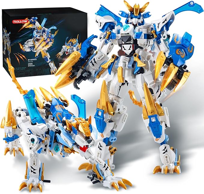 Mech Building Blocks Action Figure Toys, 2in1 White Tiger Transforming Robot Building Set, Converts to Tiger Model, for Adults Kids Boys Ages 8+（515 Pieces） (White Tiger)