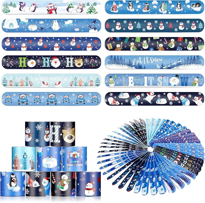 48 Pieces Snowflake Slap Bracelet Winter Theme Snowman Snap Bracelet Kids Party Favors Classroom Prizes Kids Bracelet Slap Bracelets Wristbands for Kids Children Winter Party, 12 Styles (Snowman)