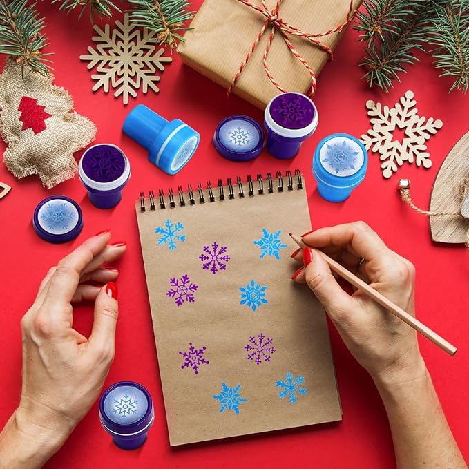 Skylety 60 Pieces Winter Snowflake Stamps for Kids Assorted Colored Frozen Stamps Plastic Snowflake Hand Stampers for Card Making Xmas Holiday Party Favors(Dark Blue, Light Blue)
