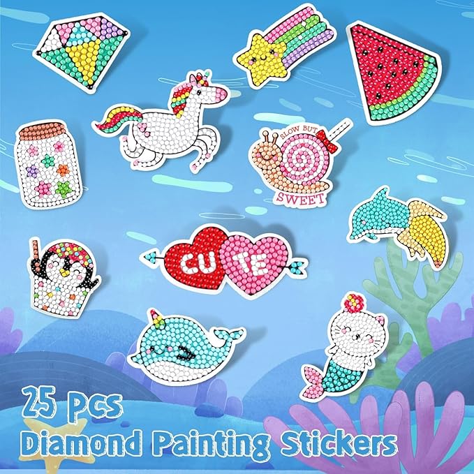 Cymbana 5D Painting Diamond Stickers Kits 25 Pcs Diamonds Dots Arts and Crafts for Kids Ages 6-8 8-12 Contains Unicorn, Mermaid, Cat