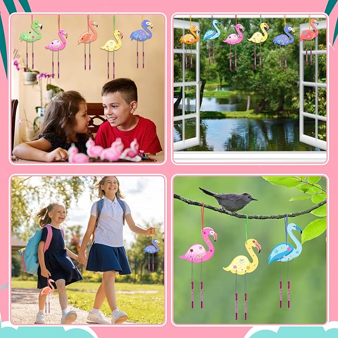 Fennoral 12 Pack Wind Chime Kit for Kids Make Your Own Flamingos Wind Chime Wooden Arts and Crafts for Girls Boys Ornaments DIY Coloring Flamingos Craft for Hawaii Summer Art Activity Birthday Party
