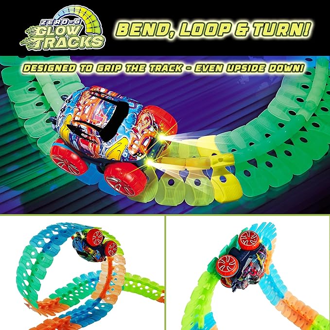 USA Toyz Zero-G Glow Race Track for Kids- 210pcs Glow in The Dark Flexible Race Track Set with Suction Cups, Slot Car, 2 Graffiti Toy Cars Shells, STEM Toy LED Car Tracks for Boys and Girls Age 3+