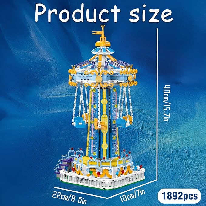 Swing Ride Building Blocks Set. Large Amusement Park Model Kit for Boys and Girls Over 6 Years Old., Carousel Building Set for Motorized Control and With LED Ligh, Christmas Birthday Gifts- 1892 PCS