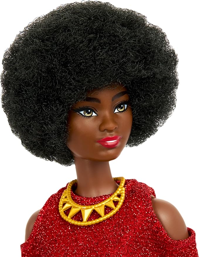 Barbie Fashionistas Doll #221 with Natural Black Hair Wearing Removable Red Dress & Accessories, 65th Anniversary Collectible Toy