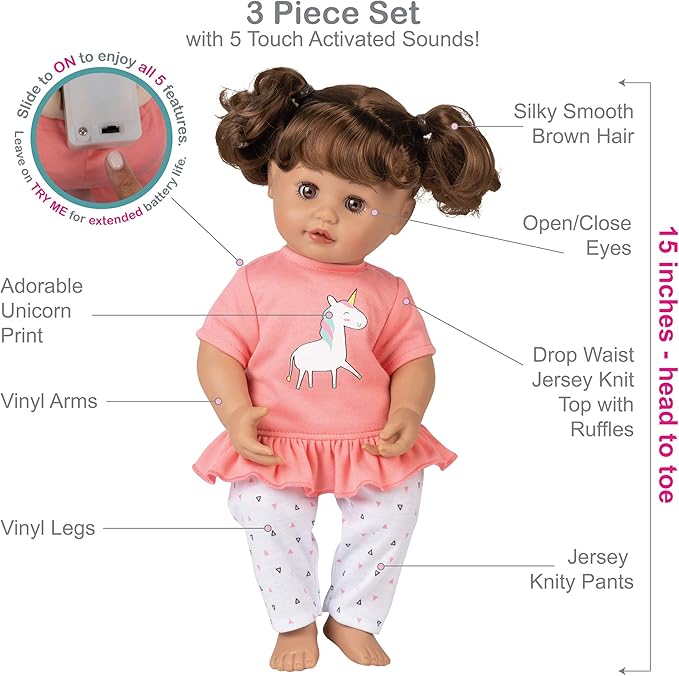 Adora My Cuddle & Coo Babies Collection, 15" Baby Doll in Sweet Powder Scent and 5 Touch Activated Sounds: She Cries, Coos, Giggles, Kisses Back & Says Momma Birthday Gift For Ages 3+ - Unicorn Magic
