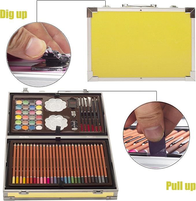 KINSPORY Art Supplies, 139 Pack Painting Drawing Art Kit with 2 Sketch Pads, Deluxe Double Layers Art Set Crafts, Colored Pencils, Oil Pastels, Watercolor Paints, Gift for Artists Kids (Yellow)