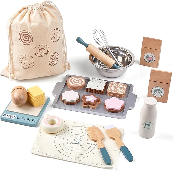 Wooden Play Food Sets for Kids, Pretend Play Kitchen Accessories with Shopping Bag, Cutting Toys, Gift for Boys and Girls Ages 3-6