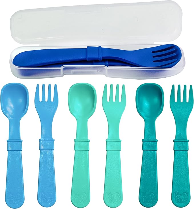 Re-Play Made in USA Toddler Forks and Spoons, Pack of 8 With Carrying Case - 4 Kids Forks with Rounded Tips and 4 Deep Scoop Toddler Spoons - 0.2" Thick Toddler Utensils with Case, A True Blue