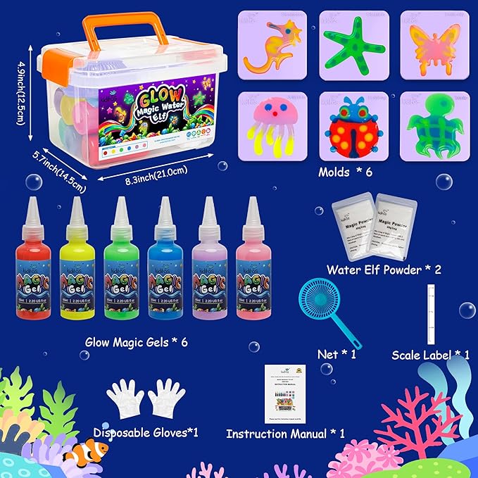 Kiditos Glow in The Dark Magic Water Elf Toy Kit, Magic Aqua Fairy Water Gel Kit with 6 Glow Colors and 6 Molds. Christmas Gifts, Birthday Gifts, Party Favors, Arts & Crafts DIY STEM for Kids
