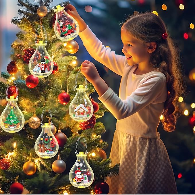 HOGOKIDS Christmas Building Sets with Lights - 6 Pack Christmas Tree Ornaments Santa Claus Gingerbread House Nutcracker Elk Building Toys Festival Decor Gifts for Adult Kids Boy Girl 6-12 Year(566PCS)