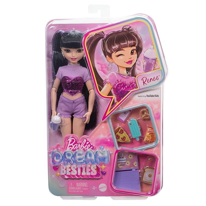 Barbie Dream Besties Doll & Accessories Playset, Renee with Long Black Hair, 11 Food & Video-Themed Pieces